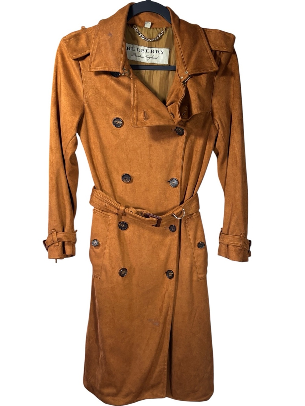 Burberry Authenticated 100% Suede Deerskin Trench Coat Brown Size 2 Fall Winter